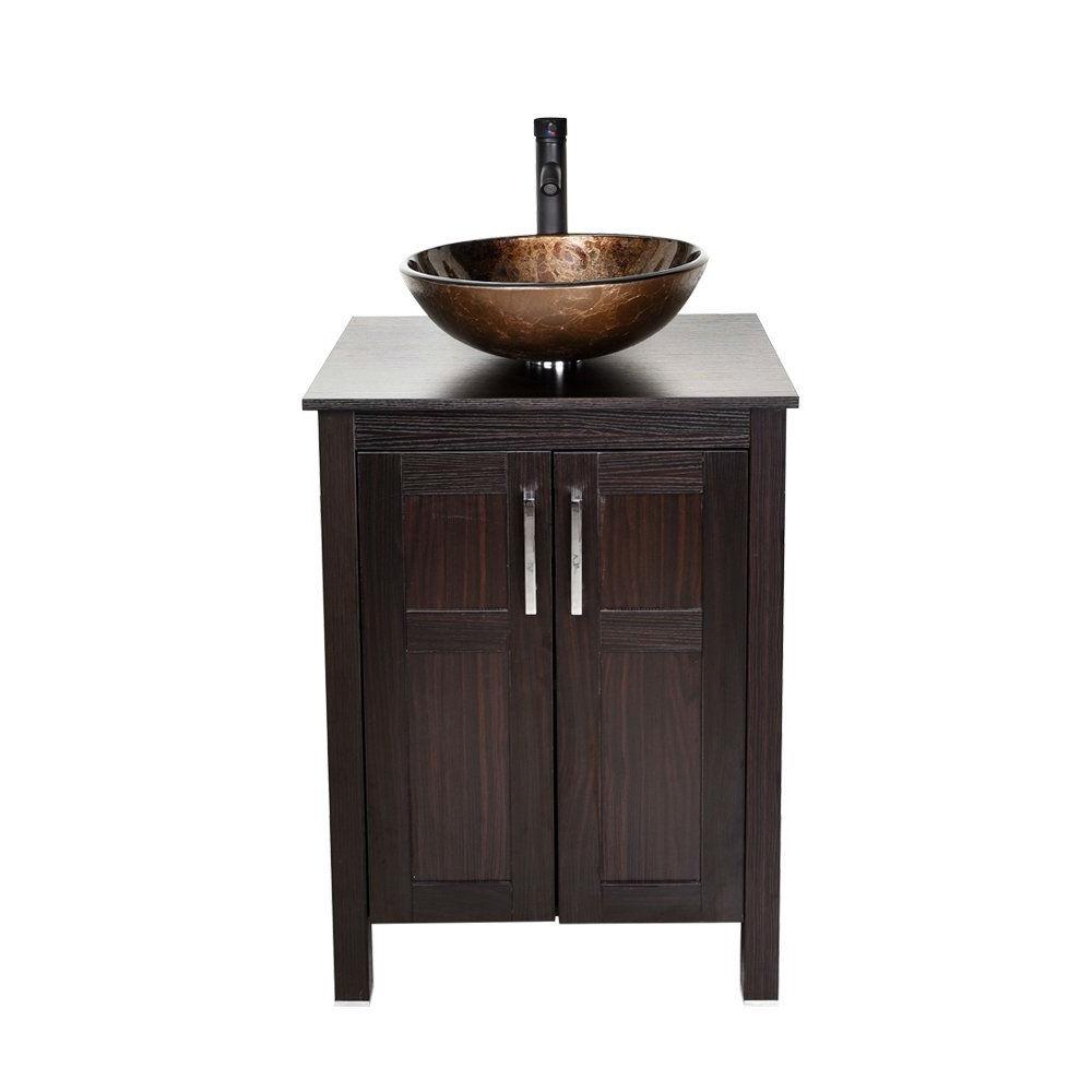 Complete Modern Bathroom Vanity Set with Dark Brown Cabinet Brown Glass Sink Top and Faucet