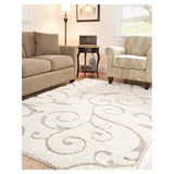 3'3 x 5'3 Shag Area Rug in Beige Off White with Scrolling Floral Pattern