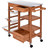 Stainless Steel Top Bamboo Kitchen Island Cart with Casters