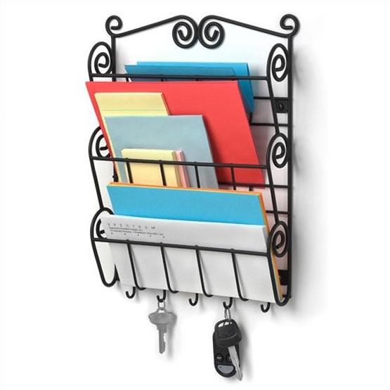 Wall Mounted Letter Holder Mail Sorter in Black Metal w- Key Hooks