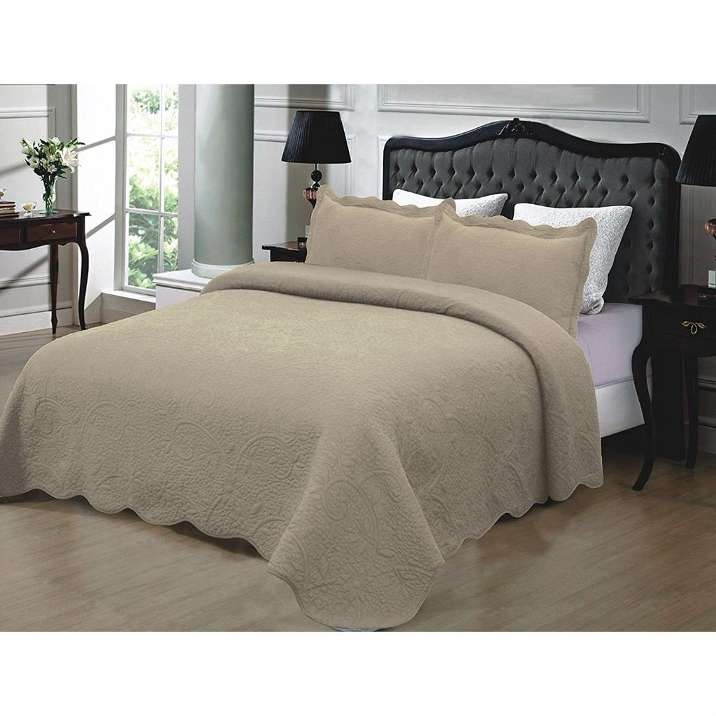 Full - Queen 3-Piece 100% Cotton Quilted Bedspread in Taupe