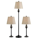 3-Piece Floor Lamp and Table Desk Lamp Set in Black with Light Gold Drum Shades