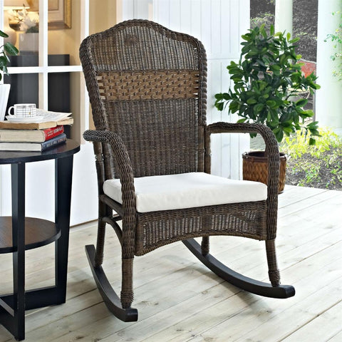 Indoor-Outdoor Patio Porch Mocha Wicker Rocking Chair with Beige Cushion