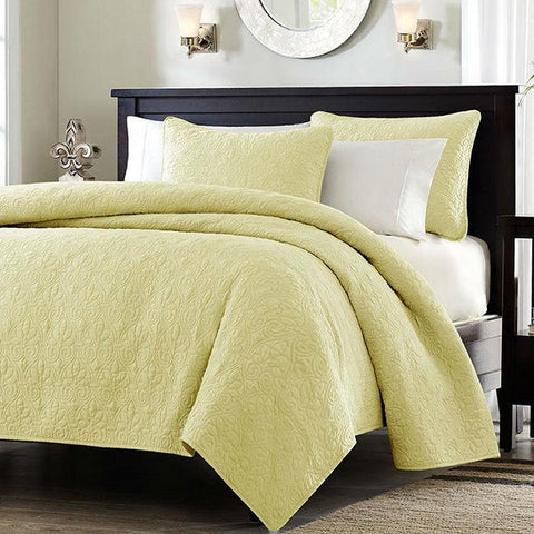 Full - Queen size Quilted Coverlet Set with 2 Shams in Yellow Microsuede Fabric